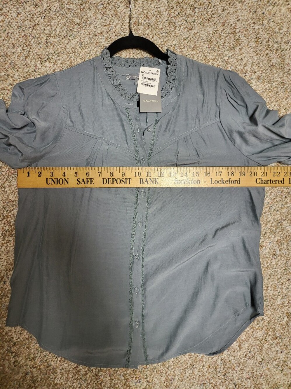 Wit & Wisdom Dusty Teal Lace-Trim ButtonUp Blouse Sz Medium Nwt New Dusty Slate - Picture 14 of 14